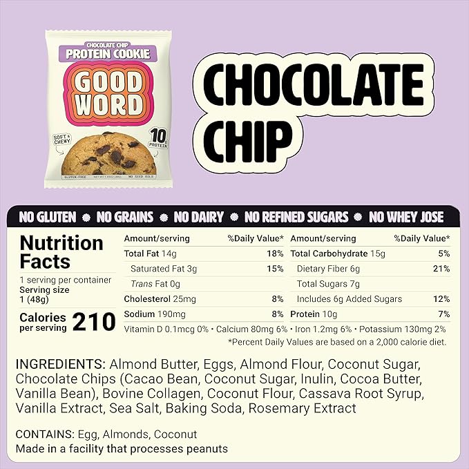 Chocolate Chip Protein Cookie, Soft & Chewy, High Protein Snack, Gluten-Free, Grain-Free, Dairy-Free, No Seed Oils, No Refined Sugars, Made with Almond Butter & Collagen, 12-Pack
