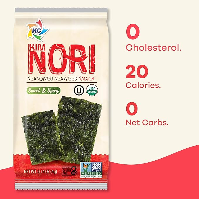 KIMNORI Seasoned Seaweed Snacks Sheets – Organic Sweet 'N Spicy Flavor 24 Individual Packs Roasted Crispy Premium 100% Natural Laver Kim Nori 4g 0.14 Ounce