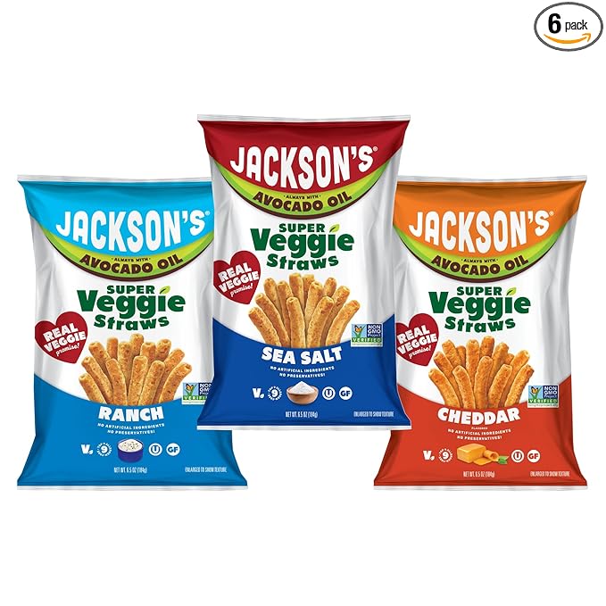 Jackson’s Super Veggie Straws Variety Pack (6.5 oz, Pack of 6) – Ranch, Cheddar, Sea Salt – Gluten Free, Made with Premium Avocado Oil, Veggie Chips, Snack Variety Pack, Veggie Straws Individual Bags
