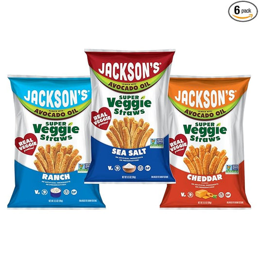 Jackson’s Super Veggie Straws Variety Pack (6.5 oz, Pack of 6) – Ranch, Cheddar, Sea Salt – Gluten Free, Made with Premium Avocado Oil, Veggie Chips, Snack Variety Pack, Veggie Straws Individual Bags