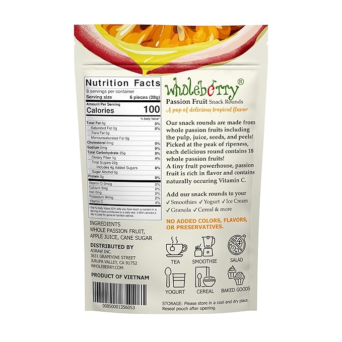 Wholeberry Naturally Delicious Dried Passion Fruit Rounds 8 oz x 8 Bags Maracuja Fruit Snacks Passion Fruit Pulp Sour & Sweet Less Seed, 64 oz