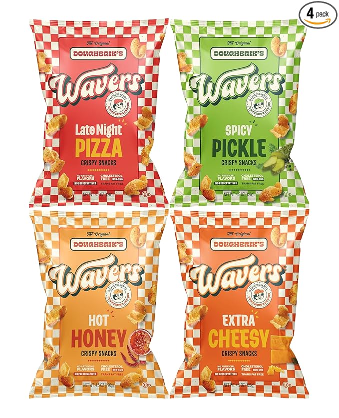 WAVERS by Doughbrik’s Snacks Variety Pack, Includes Late Night Pizza, Extra Cheesy, Hot Honey & Spicy Pickle Flavors, 4.5 oz Bags, Crispy Crunchy Snack Made in the USA (4-Pack Assortment)