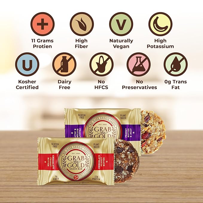 Grab The Gold Protein Snack Bar Variety Pack | Plant-Based Protein, Gluten-Free, Vegan, Dairy-Free, Kosher | 14 Count Variety Pack 7 Chocolate Peanut Butter & 7 Peanut Butter & Jelly