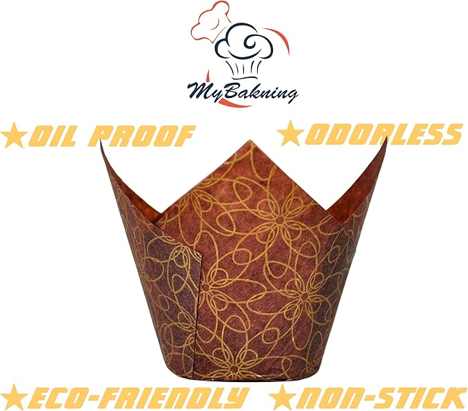 MyBakning (JUMBO Large size) Brown Golden pattern Tulip Baking Cups 2-1/4"(Base diameter) x 3-3/4"(Wall height) Greaseproof paper Muffin liners, Case of 130 pcs