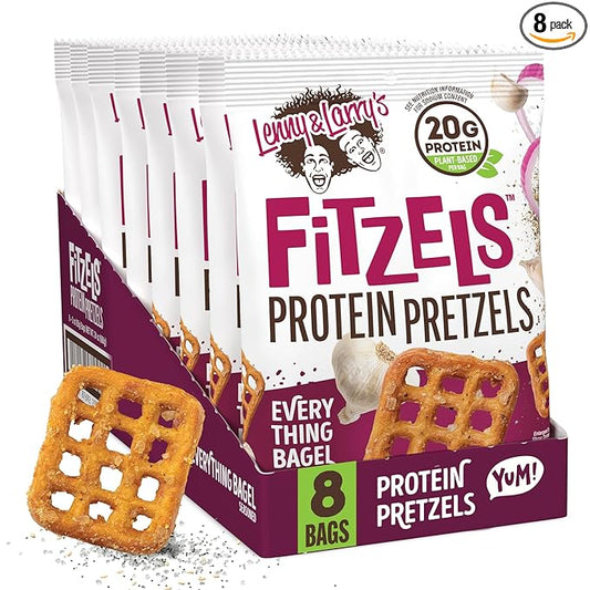 Lenny & Larry's Everything Bagel FITZELS- Savory Pretzel Snacks Incredibly Tasty, High Protein Salty, Vegan, 20 g's of Plant Based Protein 8 (eight) Bags, 3 oz Each