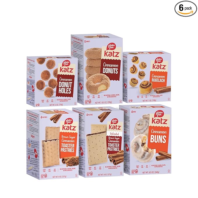 Katz Gluten Free Snacks Cinnamon Lovers Variety Pack. Includes Fresh Baked Cinnamon Buns, Cinnamon Toaster Pastries, Rugelach Plus Cinnamon Donuts & Donut Holes. Gluten Free Snacks For Adults & Kids. Tree Nut Free, Peanut Free, Soy Free. Kosher. (Pack ...