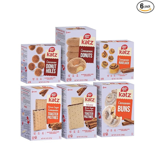 Katz Gluten Free Snacks Cinnamon Lovers Variety Pack. Includes Fresh Baked Cinnamon Buns, Cinnamon Toaster Pastries, Rugelach Plus Cinnamon Donuts & Donut Holes. Gluten Free Snacks For Adults & Kids. Tree Nut Free, Peanut Free, Soy Free. Kosher. (Pack ...