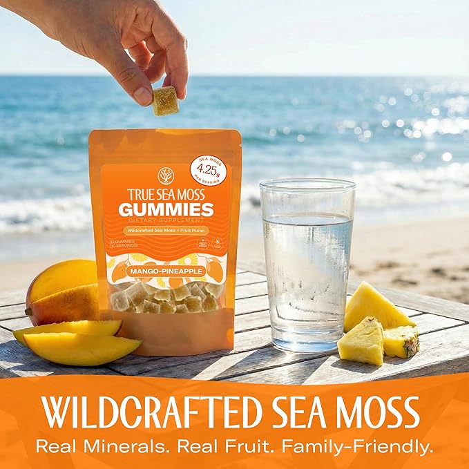 True Sea Moss Gummies – High Potency 4250mg Wildcrafted Irish Sea Moss Gel Extract + Mango Pineapple Flavor – With Coconut Sugar & Fruit Purée – 30 Gummies (30 Servings)