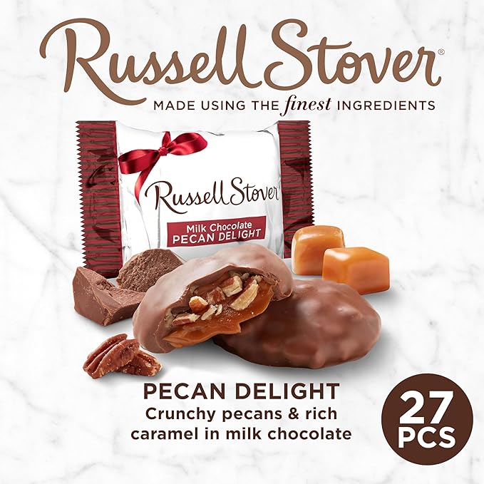 Russell Stover Pecan Delight Gusset Bag 16.10 Ounce Russel Stover Milk Chocolate Covered Candy Pack, Crunchy Pecans and Buttery Caramel Covered In Sweet Milk Chocolate Candy, Individually Wrapped