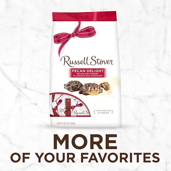 Russell Stover Pecan Delight Gusset Bag 16.10 Ounce Russel Stover Milk Chocolate Covered Candy Pack, Crunchy Pecans and Buttery Caramel Covered In Sweet Milk Chocolate Candy, Individually Wrapped