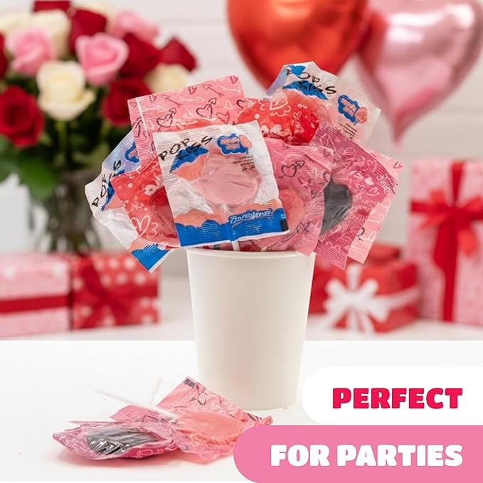 Valentine Lollipops - 90 Count - 2 Pound Box - Lips & Heart Lollipops Individually Wrapped - Classroom Candy - Assorted Berry Flavors - Valentines Candy for Party Favors