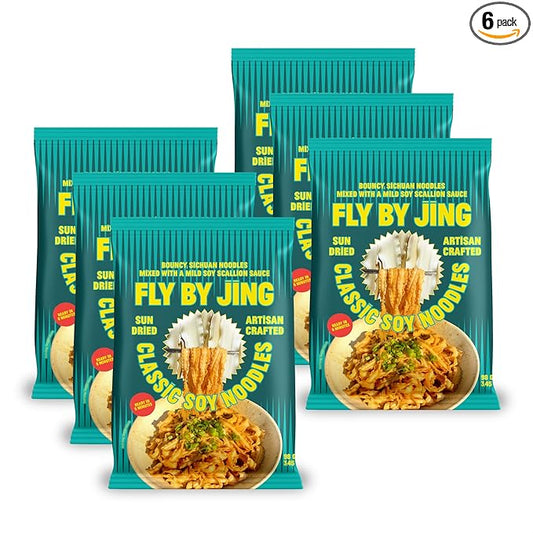 FLYBYJING Classic Soy Noodles - Sun-Dried, Wavy Asian Instant Noodles Tossed in Savory Soy Scallion Sauce - Ready in 6 Minutes - Vegan, High Protein, No MSG, 3.45 oz (Pack of 6)
