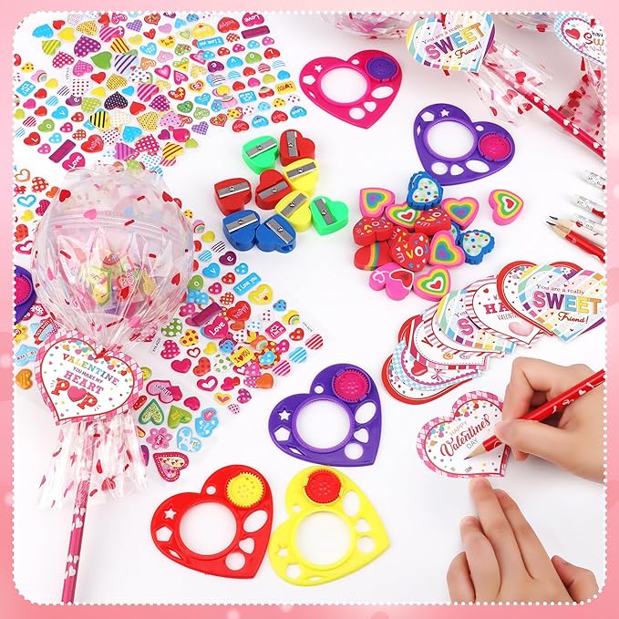 POPGIFTU Candy-Free Valentine’s Day Gifts for Kids – 28 Pack Giant Lollipop Stationery Valentines Kit with Cards, Pencils, Erasers, Rulers & Stickers –Classroom Valentine Cards for School Party Favors