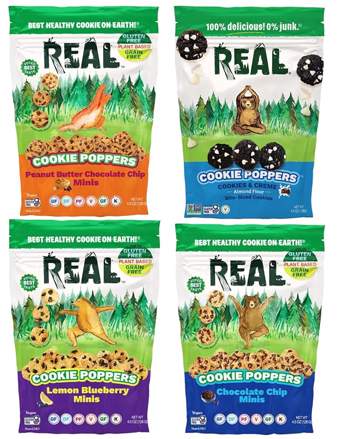 REAL Variety Pack Mini Cookie Poppers – Bite-sized Gluten Free Baked Cookies – Dairy Free, Vegan, Kosher, Paleo – Peanut Butter, Chocolate Chip, Cookies and Creme and Lemon Blueberry