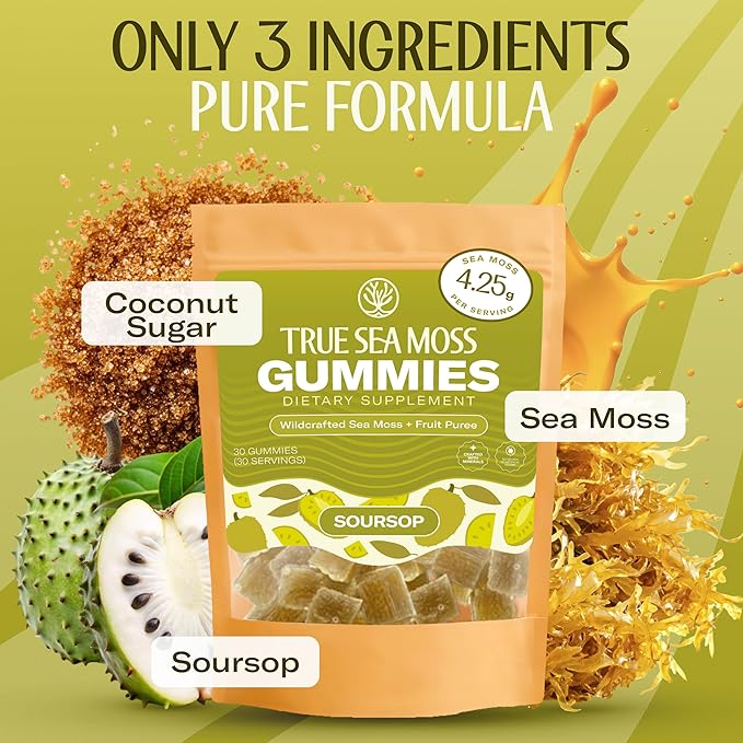 True Sea Moss Gummies – High Potency 4250mg Wildcrafted Irish Sea Moss Gel Extract per Serving + Soursop Flavor – Made with Coconut Sugar & Fruit Purée – 30 Gummies (30 Servings)