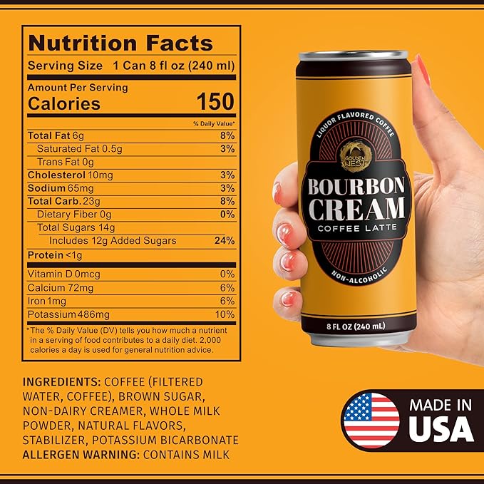 Golden Nest Liquor-Flavored Coffee Latte | Ready to Drink Liquor-Inspired Non-Alcoholic Creamy Beverage | All Natural No Preservatives | 8 Fl Oz Can (Bourbon Cream, 8 Fl Oz (Pack of 12))