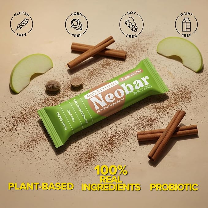 NEOBAR Fruit and Nut Bars - Plant-Based Vegan Snack Bars, Gluten Free Dairy Free Snacks, No Added Sugar, Probiotic, No Preservatives, Non-GMO | Apple & Cinnamon,12 Count