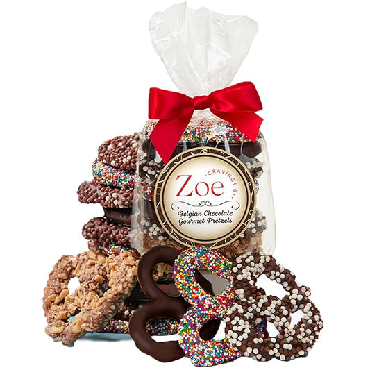 CRAVINGS BY ZOE Mothers Day Chocolate Covered Pretzels Gift Bag 8 oz | Gourmet Kosher Milk & Dark Belgian Chocolate Candy Food Gift Box Basket | Birthday, Get Well, Thank You, Men Women Mom Dad Her