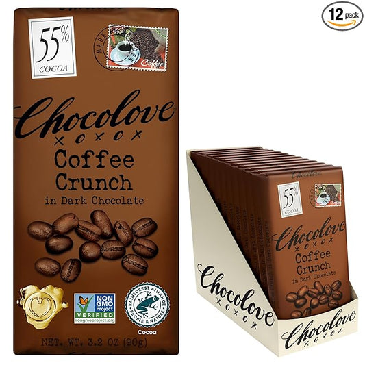 Chocolove Coffee Crunch Dark Chocolate Bars | 55% Cocoa | Crunchy Coffee Bean Bits | Smooth & Sweet | Premium Belgian Dark Chocolate | Non GMO, Rainforest Alliance Certified, 3.2oz Bar (12 Pack)