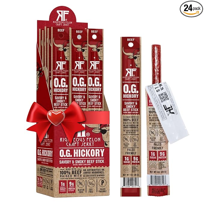Righteous Felon Meat Sticks | 100% Grass Fed Beef | Keto, Gluten-Free, Low Sugar, High Protein Healthy Snacks | Valentines Day Jerky Gifts for Men | OG Hickory Beef Sticks, 24 Count