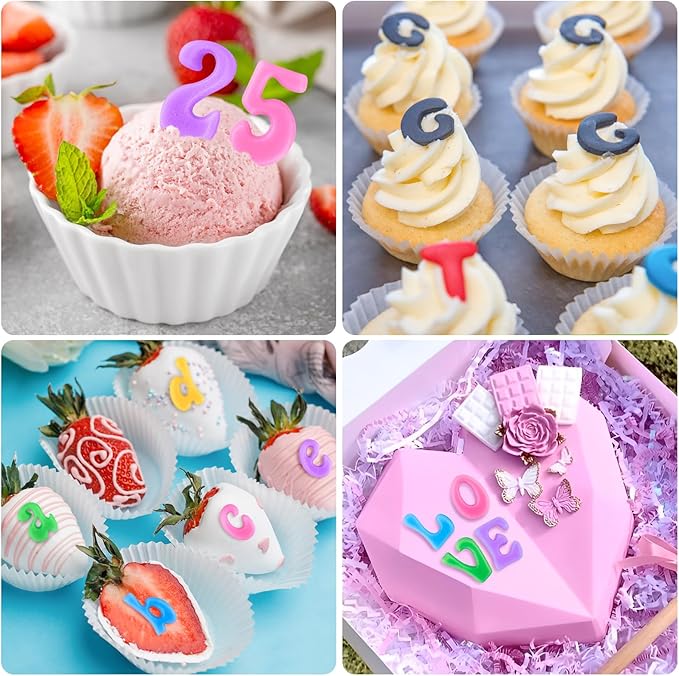 CLUEWR 4 PCS Silicone Letter Molds, Non-Stick Number and Letter Fondant Molds for Chocolate, Candy, Cake Decoration, Cupcake Topper