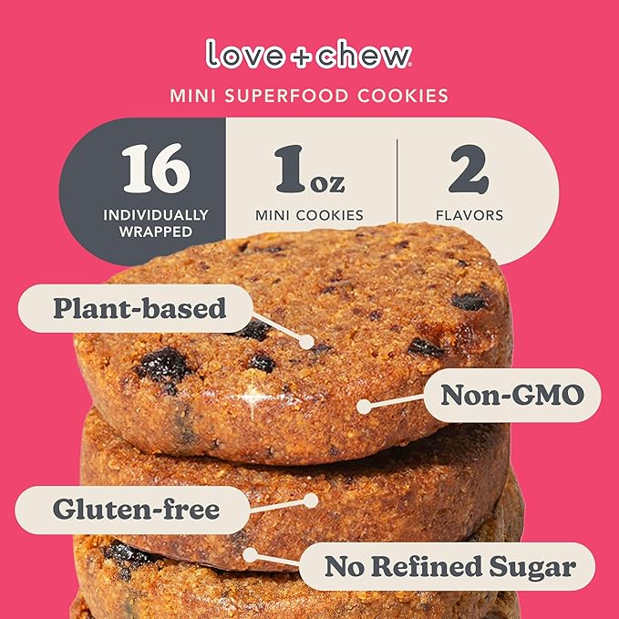 Love + Chew Superfood Soft Baked MINI Cookies, Banana Bread & Cherry Almond, Plant Based Cookie With Almonds, Fruit, & Chia Seeds for Kids & Adults, Vegan Snacks, Gluten Free, Paleo, Non GMO, 16 Pack