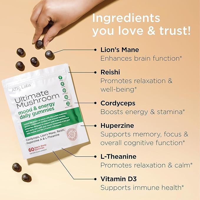 ATRx Labs Ultimate Mushroom Daily Gummies - Mushroom Gummies with Cordyceps, Lion’s Mane, and Reishi, Plus Huperzine A & L-Theanine, May Improve Mood and Energy, Apple Berry Flavor, 60 Count