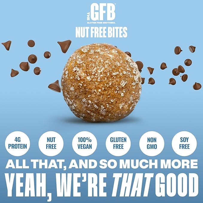 The Gluten Free Brothers Chocolate Chip Cookie Dough Nut Free Bites - Allergen Friendly, Gluten Free, Soy Free Protein Balls – Plant Based Vegan Non-GMO Snack Size Protein Energy Balls, 4 oz (4 Count)