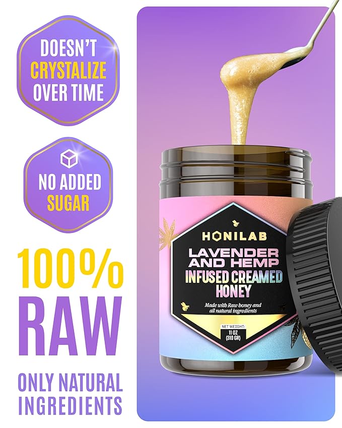 Spun Honey Lavender & Hemp Infused Creamed Honey - OU Kosher Certified - Natural & Pure Blend - No Added Flavors, Independent Testing for Purity and Potency, Whole Ingredients - 11 Oz. Jar