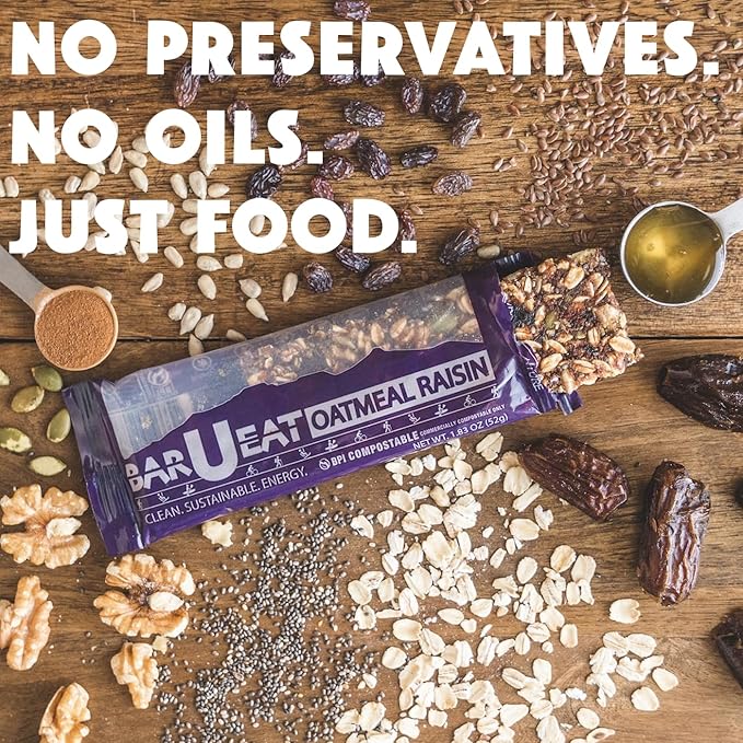 BAR-U-EAT Gluten-Free, Organic, Soft & Chewy Energy Bar. Whole Food Ingredients | Compostable Packaging | No Artificial Sugar | Healthy Snacks (Oatmeal Raisin 12 Pack)