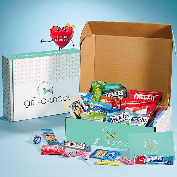 Gift A Snack - Valentines Day Snack Box Variety Pack Care Package + Greeting Card (60 Count) Birthday Sweet Treats Gift Basket, Candies Chips Crackers Bars Office Food Assortments & Variety Gifts