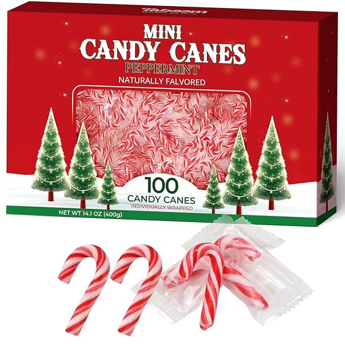 Mini Candy Cane Individually Wrapped 100 Pack - Dye-Free Small Peppermint Candy Canes Red & White Christmas Candy For Holiday Gifts, Stocking Fillers, Party Favors & Decorations