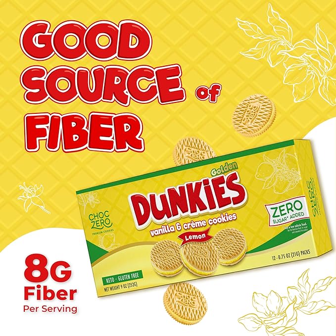 ChocZero Lemon Dunkies – Sugar Free Lemon Sandwich Cookies, Keto Friendly, Gluten Free, High Fiber, Low Net Carb – 9oz Box