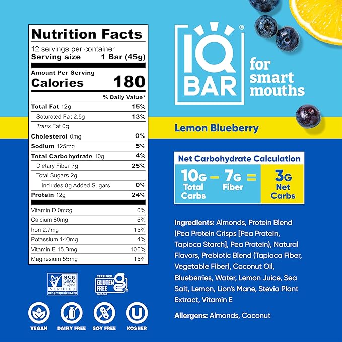 IQBAR Brain and Body Plant Protein Bars - Lemon Blueberry - 24-Count - Keto, Vegan, Low Carb, High Fiber, Gluten Free, Dairy Free, Low Sugar Snack with Nutrients for Focus, Energy, Meal Replacement