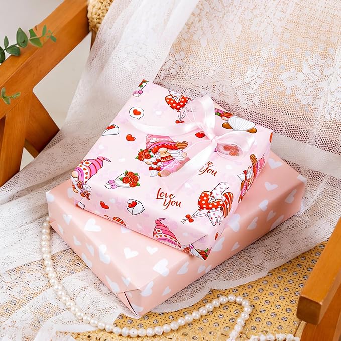 Homeral Pink Valentine's Day Wrapping Paper - Mini Roll - 17 Inch x 33 Feet - Bouquet Goblin and LOVE Balloon & Heart Reversible Gift Wrap for for Wedding, Anniversary, Bridal Shower, Birthday, Party