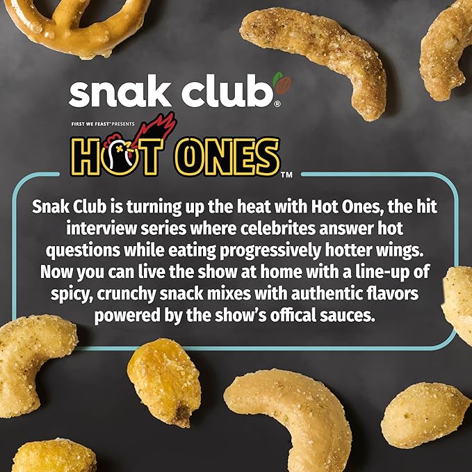 Snak Club x Hot Ones Snack Mix, Smoky Sweet, Spicy Snacks with Peanuts, Pretzels, Sesame Sticks, Toasted Corn, Cashews, Inspired by Hot Ones, Vegan Snack, 10 oz Resealable Bag