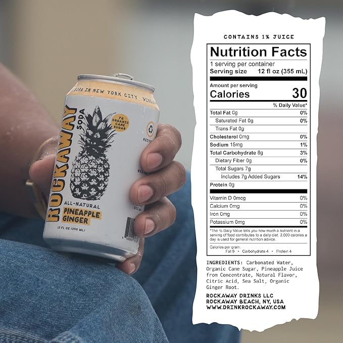 ROCKAWAY Pineapple Ginger Soda Drinks - Low calorie drinks made from Real Fruit Juice, All Natural - Soda Pop Drinks Gluten Free, Vegan, GMO Free - 12oz (12 Pack)