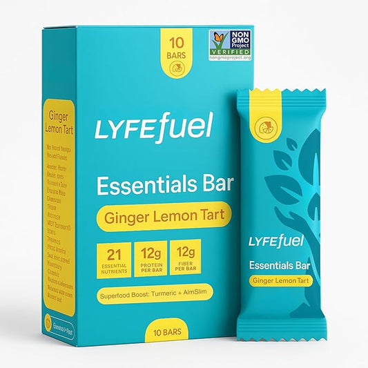 LyfeFuel Essential High Protein Bars | Meal Replacement, Vegan, 12g Plant-Based Low Carb Protein Bars for Intermittent Fasting - High Fiber, MCT Oil, 21 Organic Vitamins & No Sugar | 10 Servings | Lemon Ginger Tart