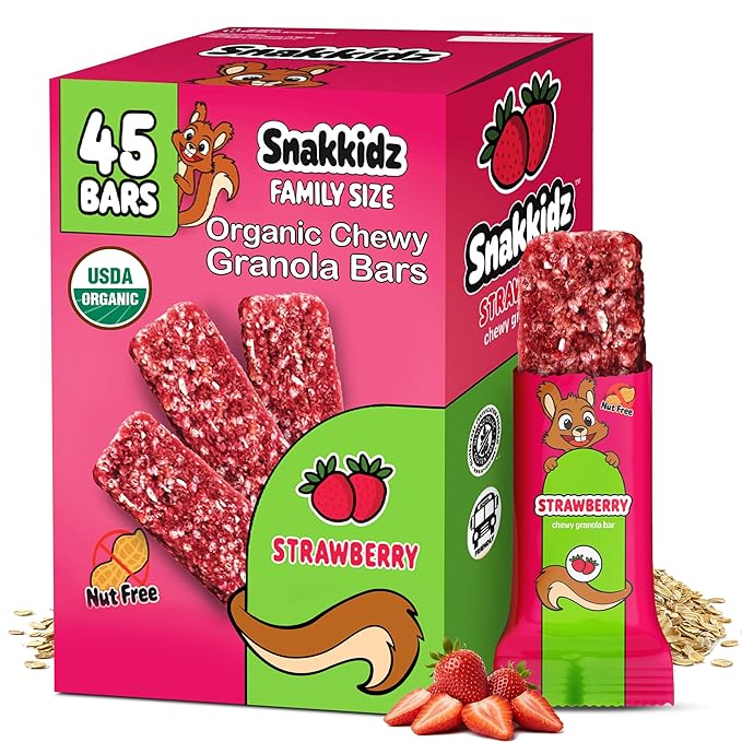 Snakkidz Organic Chewy Granola Bars for Kids, Allergen-Free, Nut-Free, Gluten-Free, Low Sugar Snack Bars Made with Avocado Oil, Individually Wrapped, School Lunch Snacks, Bulk Pack of 45, Strawberry
