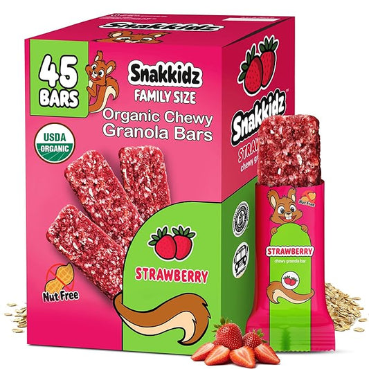 Snakkidz Organic Chewy Granola Bars for Kids, Allergen-Free, Nut-Free, Gluten-Free, Low Sugar Snack Bars Made with Avocado Oil, Individually Wrapped, School Lunch Snacks, Bulk Pack of 45, Strawberry