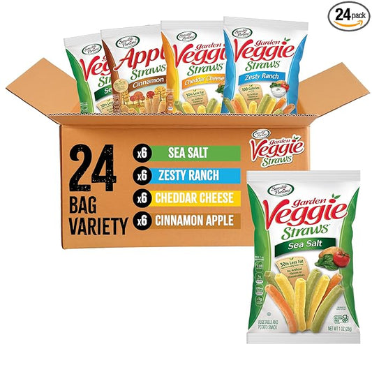 Sensible Portions Veggie Straws - Garden Snacks Variety Pack, Sea Salt, Ranch, Cheddar, Apple Cinnamon, Gluten Free Bulk Snacks, 1 Oz (Pack of 24)