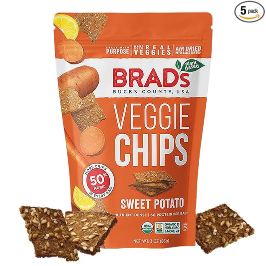 Brad’s Plant-Based - Organic Veggie Sweet Potato Chips - Delicious Healthy Snacks - High Protein & High Fiber Snacks - Low Carb - Organic Veggie On-the-Go Sweet Potato Chips - 3 Oz (Pack of 5)