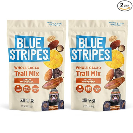 Blue Stripes - Trail Mix, 70% Chocolate Chips, Almonds, Macadamia Nuts, Mango, Healthy Snacks for Adults, Whole 70% Cacao, With Unrefined Sugar, Non GMO, Gluten Free, Vegan - 2 Pack, 8 oz