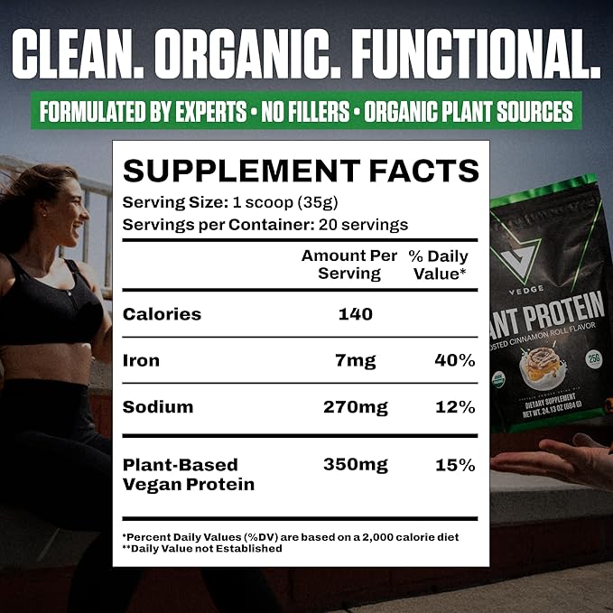 VEDGE Vegan Protein Powder - Plant Protein Powder with Pea, Pumpkin & Sunflower - USDA Organic, Amino Acids, Dairy Free, Gluten Free, Soy Free, Keto, Non GMO, Smooth Texture - Cinnamon - 20 Servings