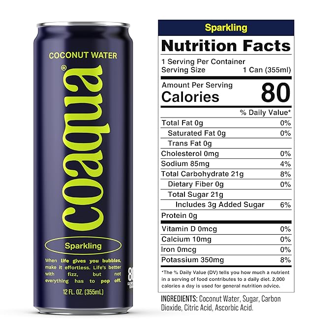 Coaqua Sparkling Coconut Water, 12 Pack, Natural Electrolytes for Hydration, Refreshing Sparkling Electrolyte Drink, Pure Coconut Water Not from Concentrate, Fat Free, 12 Fl Oz Cans