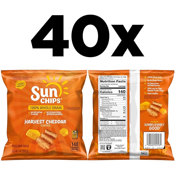 SunChips 100% Whole Grain Chips, Harvest Cheddar, 1 oz Bags, Pack of 40, No Artificial Flavors, No Colors from Artificial Sources