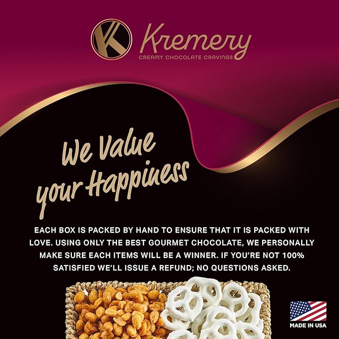 KREMERY Creamy Chocolate Cravings - Valentines Day Chocolate Covered Pretzels & Caramel Popcorn Gift Basket, in Seagrass Tray + Ribbon (Classic, 1.5 lbs) Sweet Treats Food Arrangement, Kosher