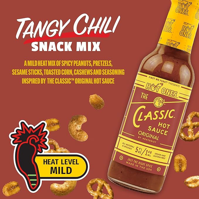 Snak Club x Hot Ones Snack Mix, Hot Habanero, Sweet Smoky, and Tangy Chili, Spicy Snacks with Peanuts, Pretzels, Sesame Sticks, Toasted Corn, Cashews, Vegan Snack, 10 oz Resealable Bags, 3 Pack