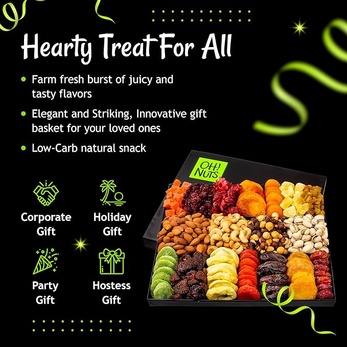 Oh! Nuts Dried Fruit and Nut Gift Basket - XL 18 Variety Gourmet Assorted Fruits and Nuts Gift Baskets - Holiday Gift Box - Food Snack Box for Birthday, Corporate - Gift for Men, Women