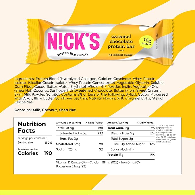Nick’s Protein Bars Chocolate Caramel – 12-Count Box | Protein-Packed Snack, Low Calories, Low Carbs, Keto Friendly, No Added Sugar (12 bars x 50g)